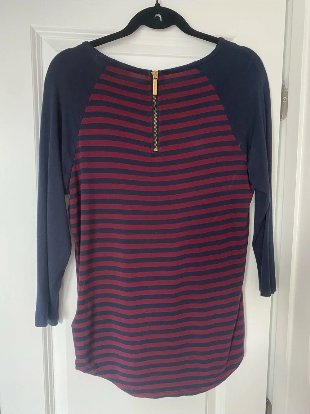 Michael Kors Navy and Burgundy Striped Long-Sleeve Tee